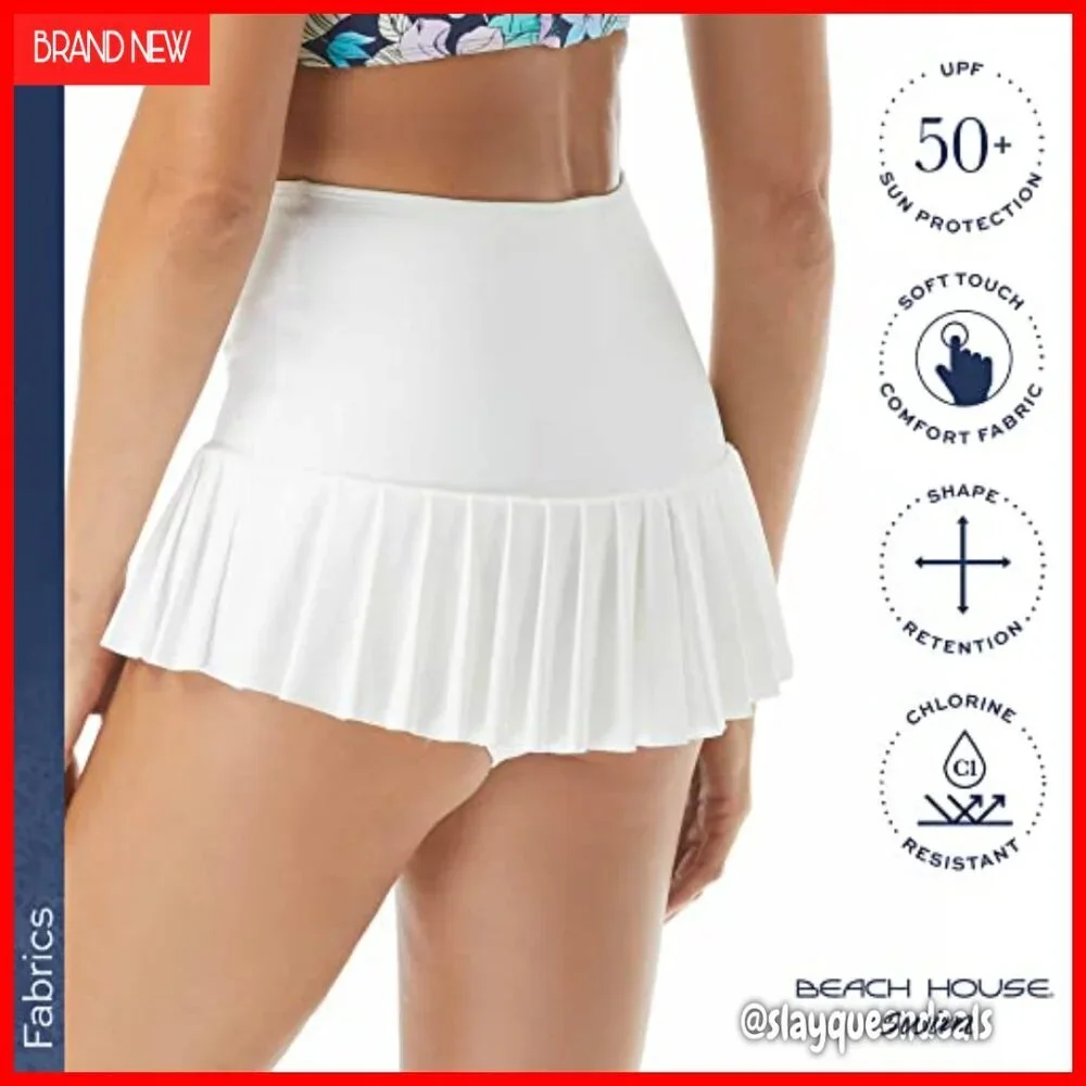 High Waisted Pleated Swim Skirt with Attached Bikini Bottom, Tummy Control